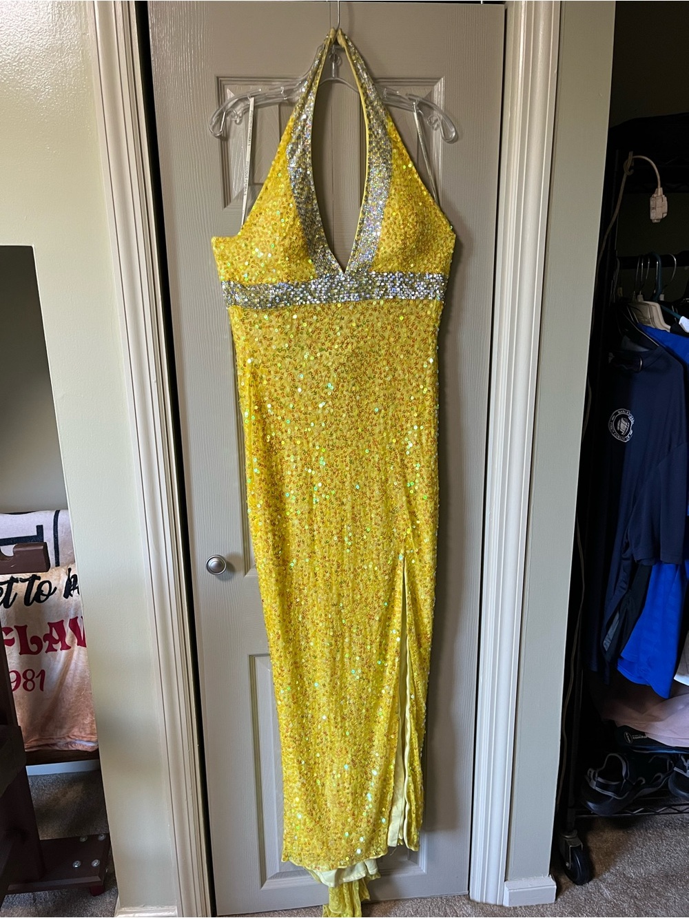 Precious Formals Yellow Sequin Halter Dress with Silver Zipper